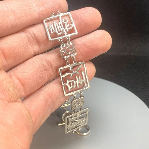 VTG Sterling Silver Chinese Character Lucky Symbol Bracelet Toggle Clasp Size 9" - Picture 4 of 10